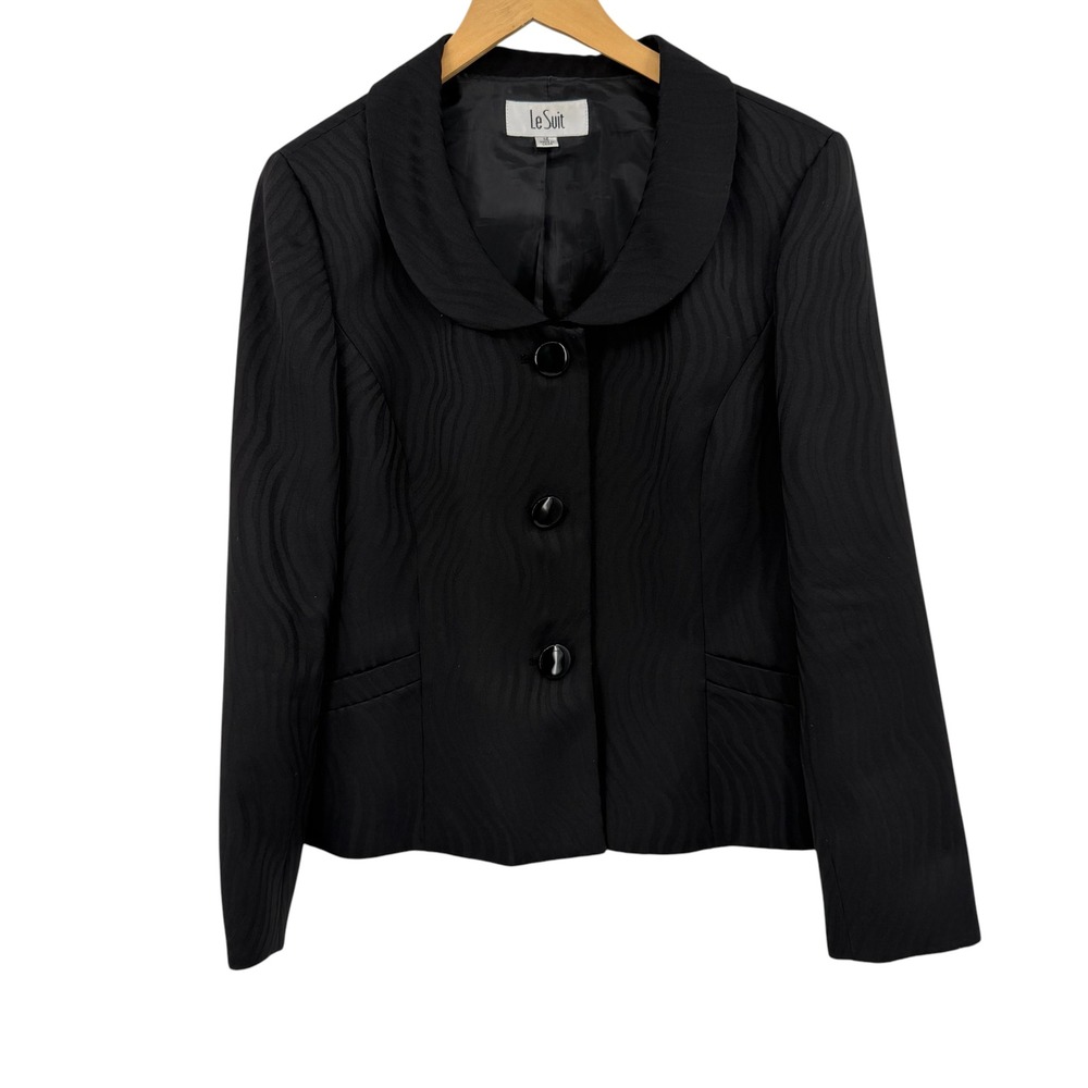 Le Suit Black Wavy Jacquard Blazer Rounded‎ Collar 3 Button Jacket  Size 14